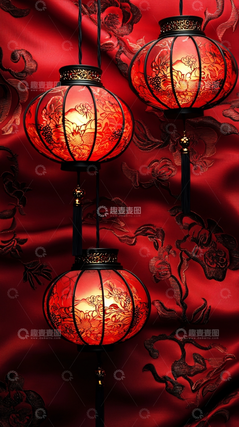 高清大图下载【趣麦麦图】红色灯笼在丝绸背景前