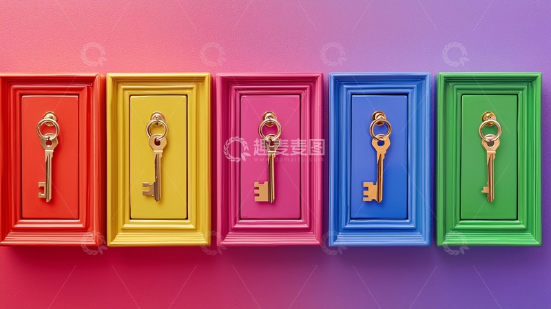 高清大图下载【趣麦麦图】彩色相框里的金色钥匙