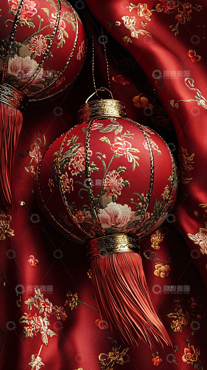 高清大图下载【趣麦麦图】红色灯笼与丝绸的特写