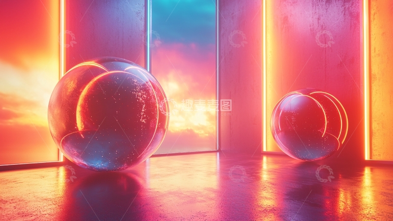 高清大图下载【趣麦麦图】发光球体与霓虹背景