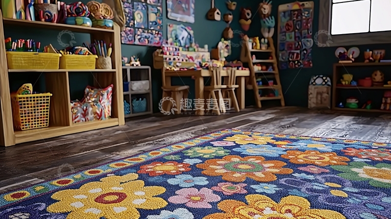 高清大图下载【趣麦麦图】儿童房彩色花朵地毯