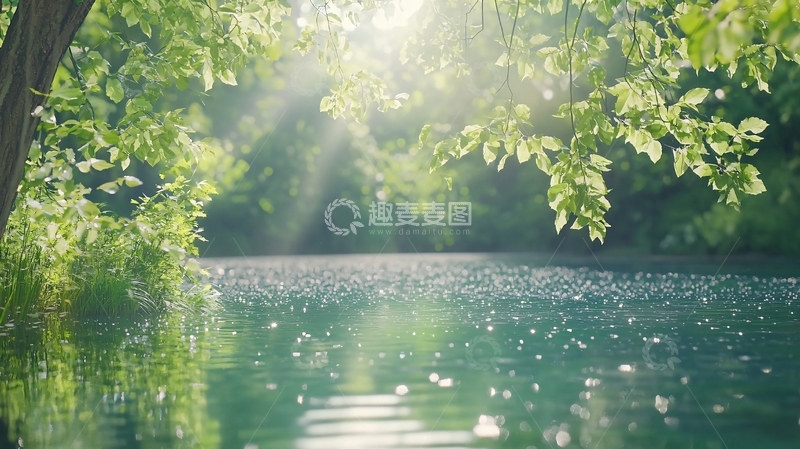 高清大图下载【趣麦麦图】阳光透过树叶洒在河面上