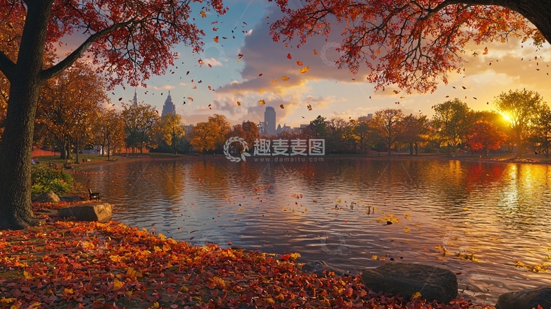 高清大图下载【趣麦麦图】秋日公园落叶湖景