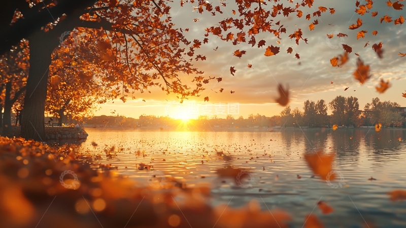 高清大图下载【趣麦麦图】秋日落叶湖边日落