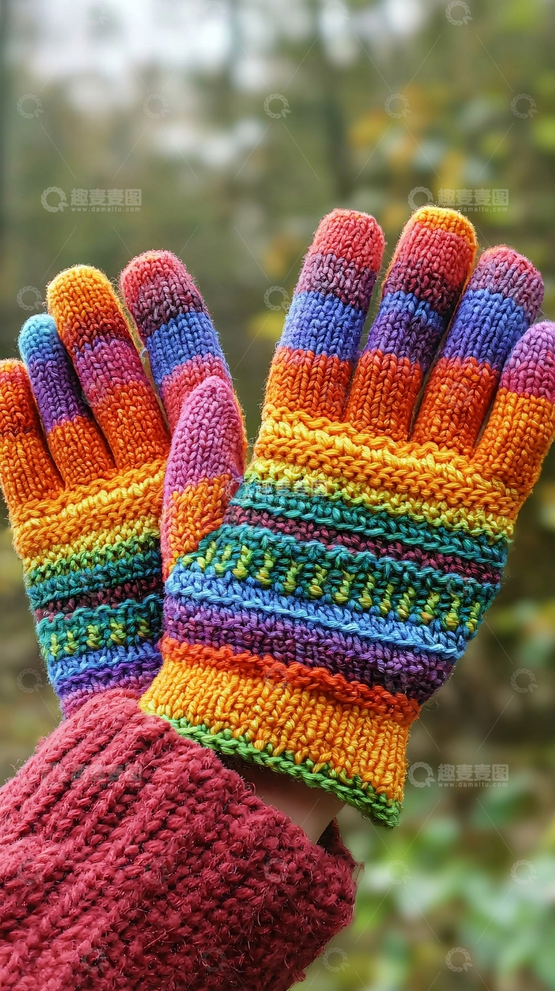高清大图下载【趣麦麦图】彩虹条纹针织手套