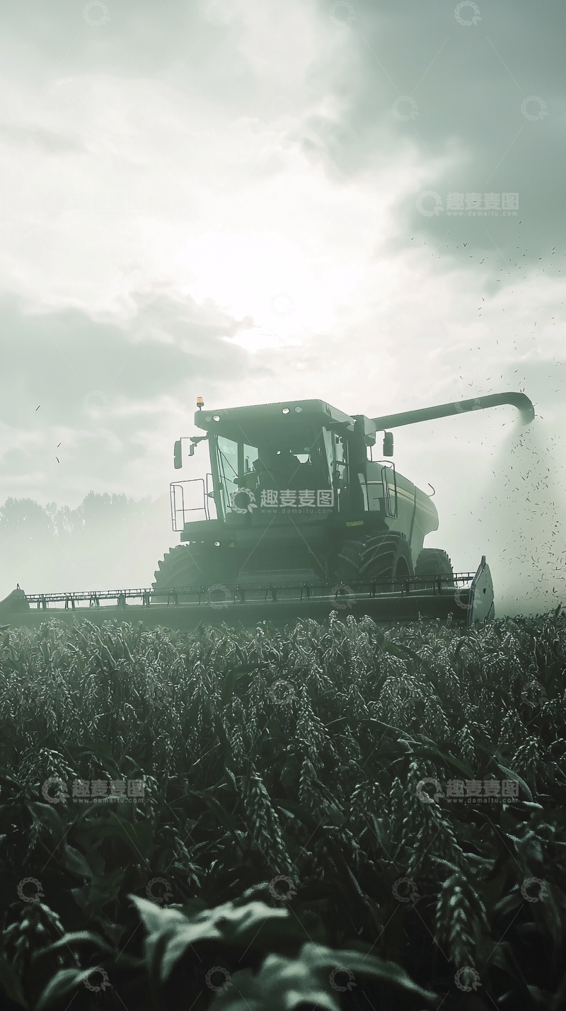 高清大图下载【趣麦麦图】收割机在田野里作业