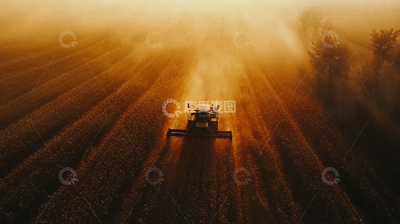 高清大图下载【趣麦麦图】日落时分田野里耕作的拖拉机