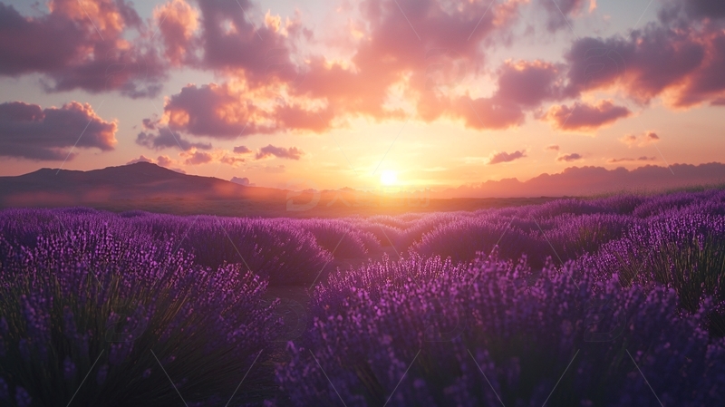 高清大图下载【趣麦麦图】夕阳下的紫色花田