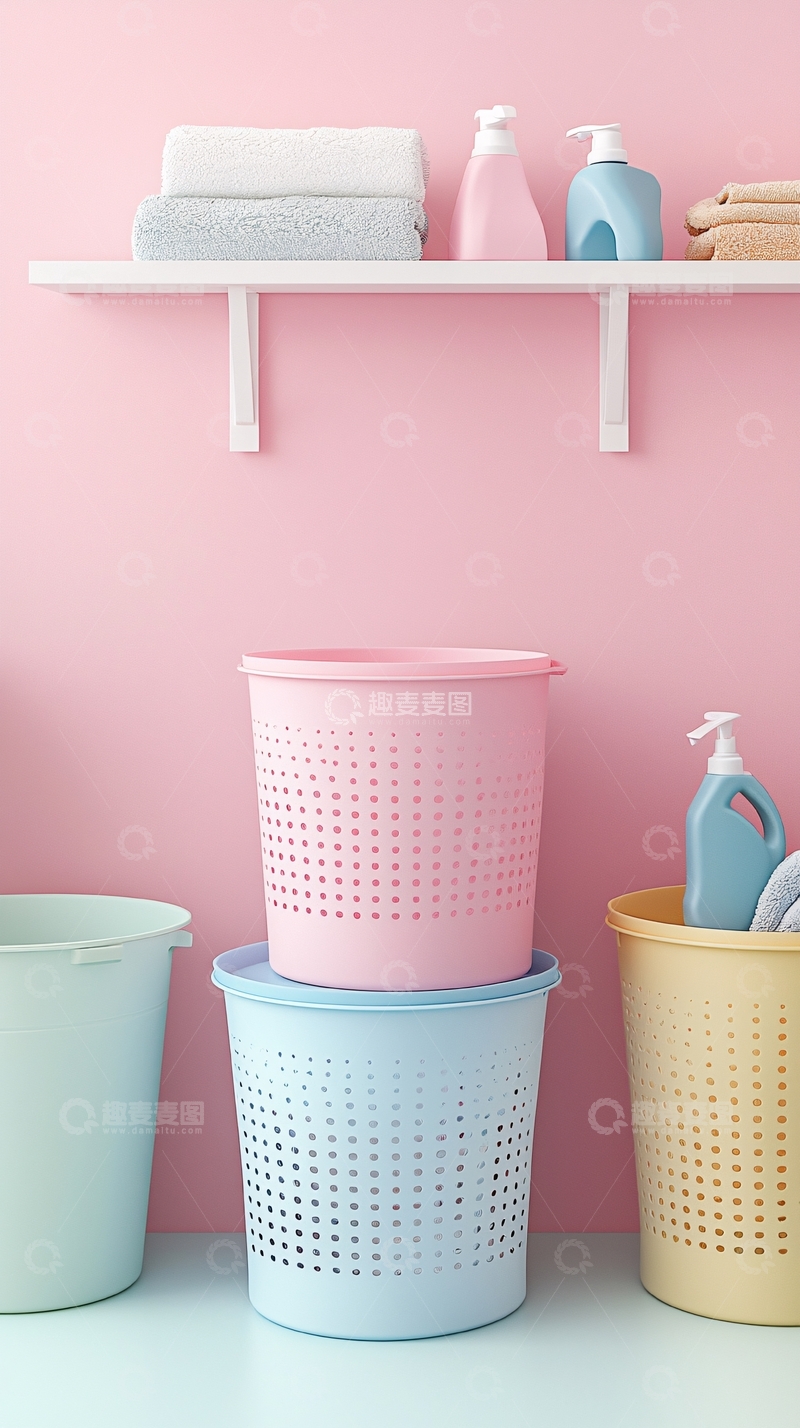 高清大图下载【趣麦麦图】粉色背景下三只收纳篮