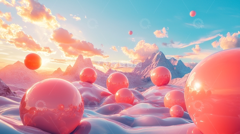 高清大图下载【趣麦麦图】粉色球体梦幻山景