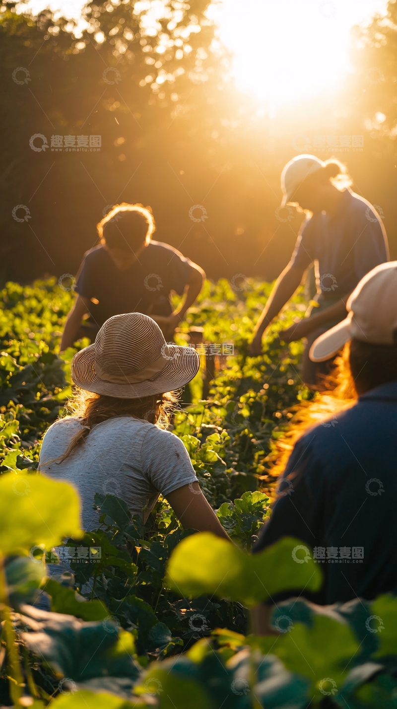 高清大图下载【趣麦麦图】夕阳下农田劳作的人们