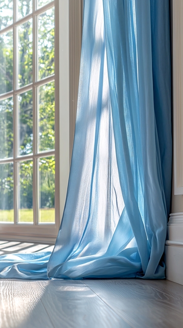 浅蓝色窗帘垂落在地
