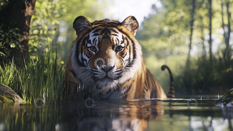 高清大图下载【趣麦麦图】森林中水边威风的孟加拉虎