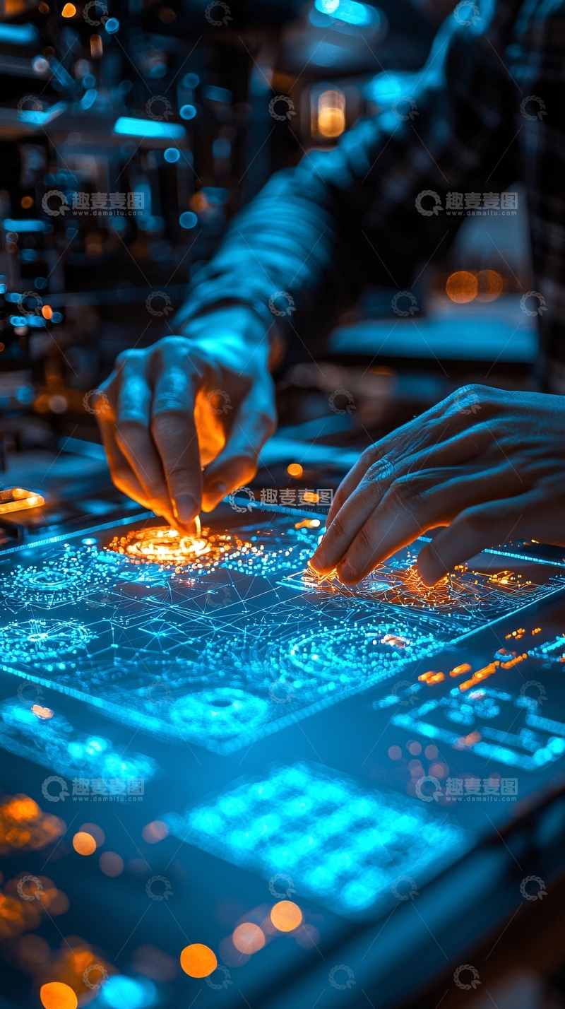 高清大图下载【趣麦麦图】双手在蓝色光屏上操作