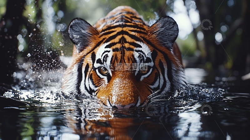 高清大图下载【趣麦麦图】孟加拉虎水中行走