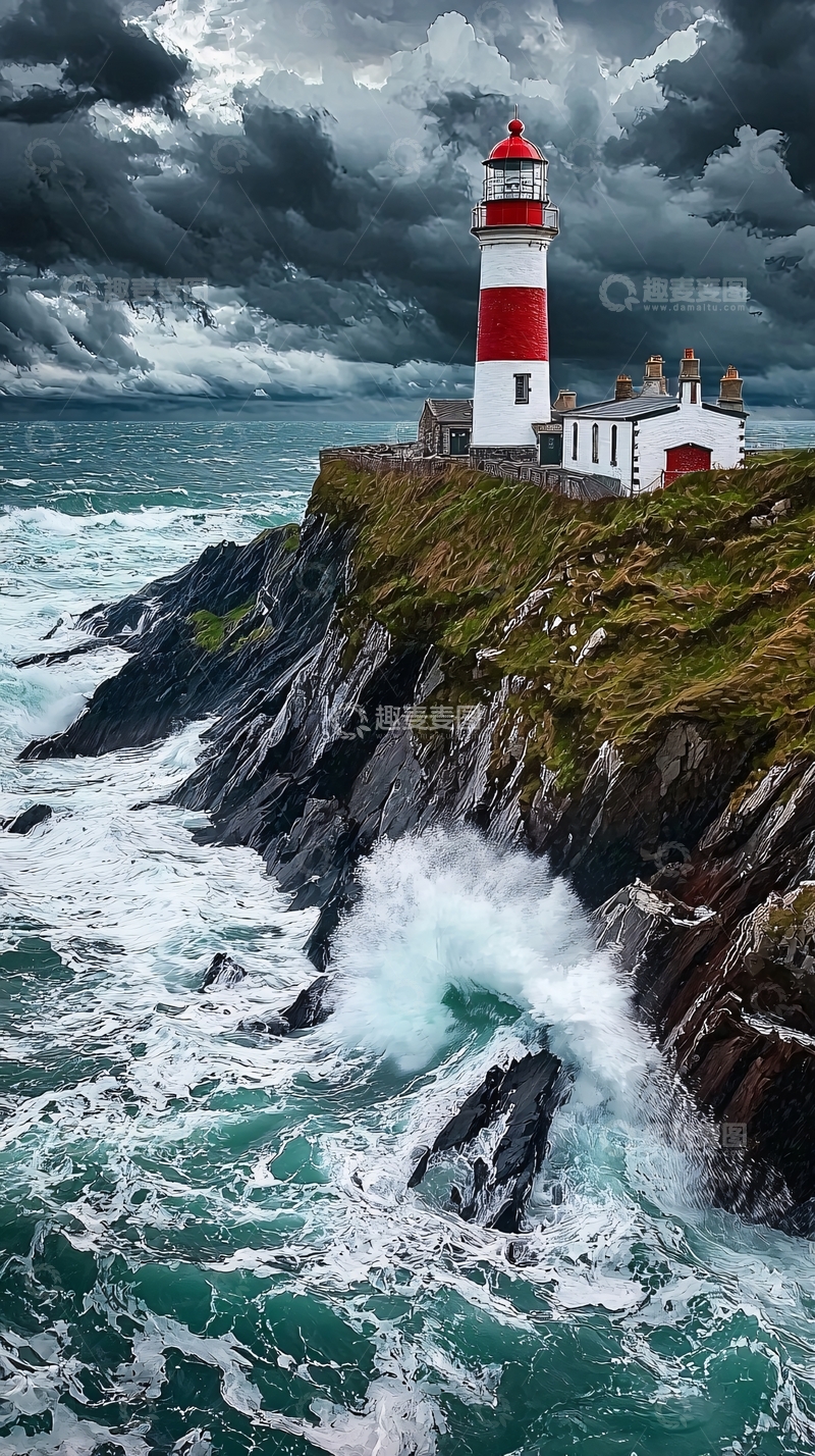 高清大图下载【趣麦麦图】暴风雨中的红色灯塔