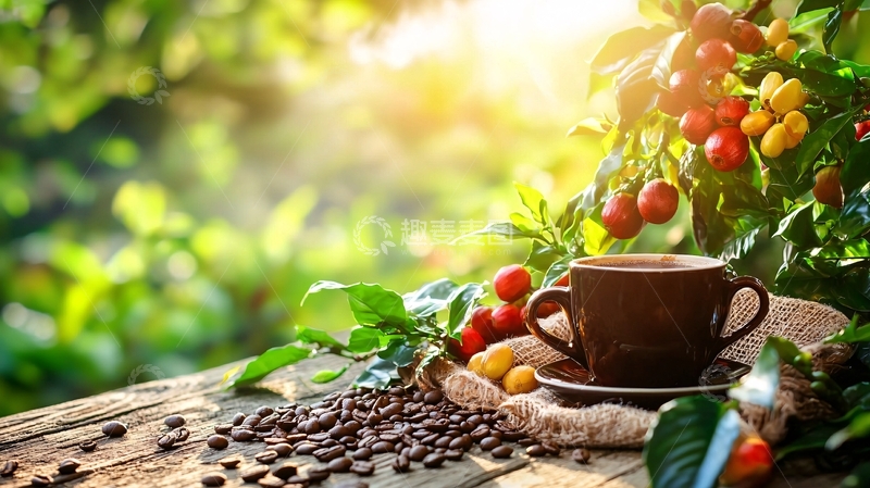 高清大图下载【趣麦麦图】阳光下咖啡树与咖啡杯