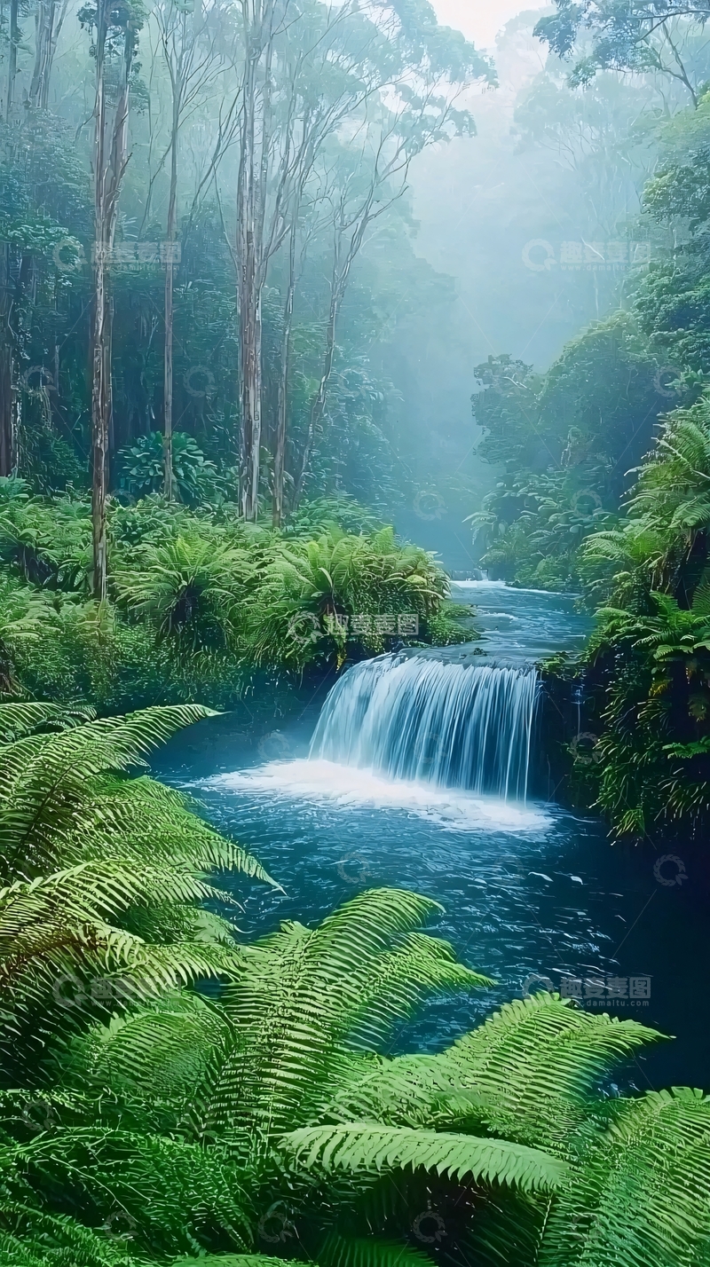 高清大图下载【趣麦麦图】雾气森林瀑布溪流
