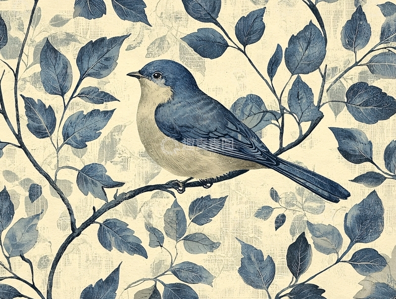 高清大图下载【趣麦麦图】蓝灰色小鸟枝叶背景图