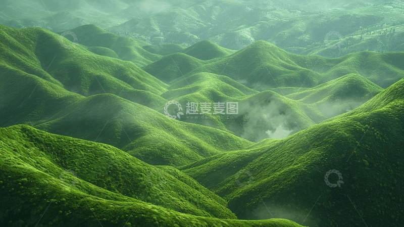 高清大图下载【趣麦麦图】雾气缭绕的绿色山峦