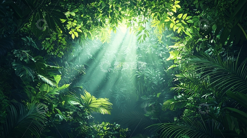 高清大图下载【趣麦麦图】阳光穿透茂密丛林