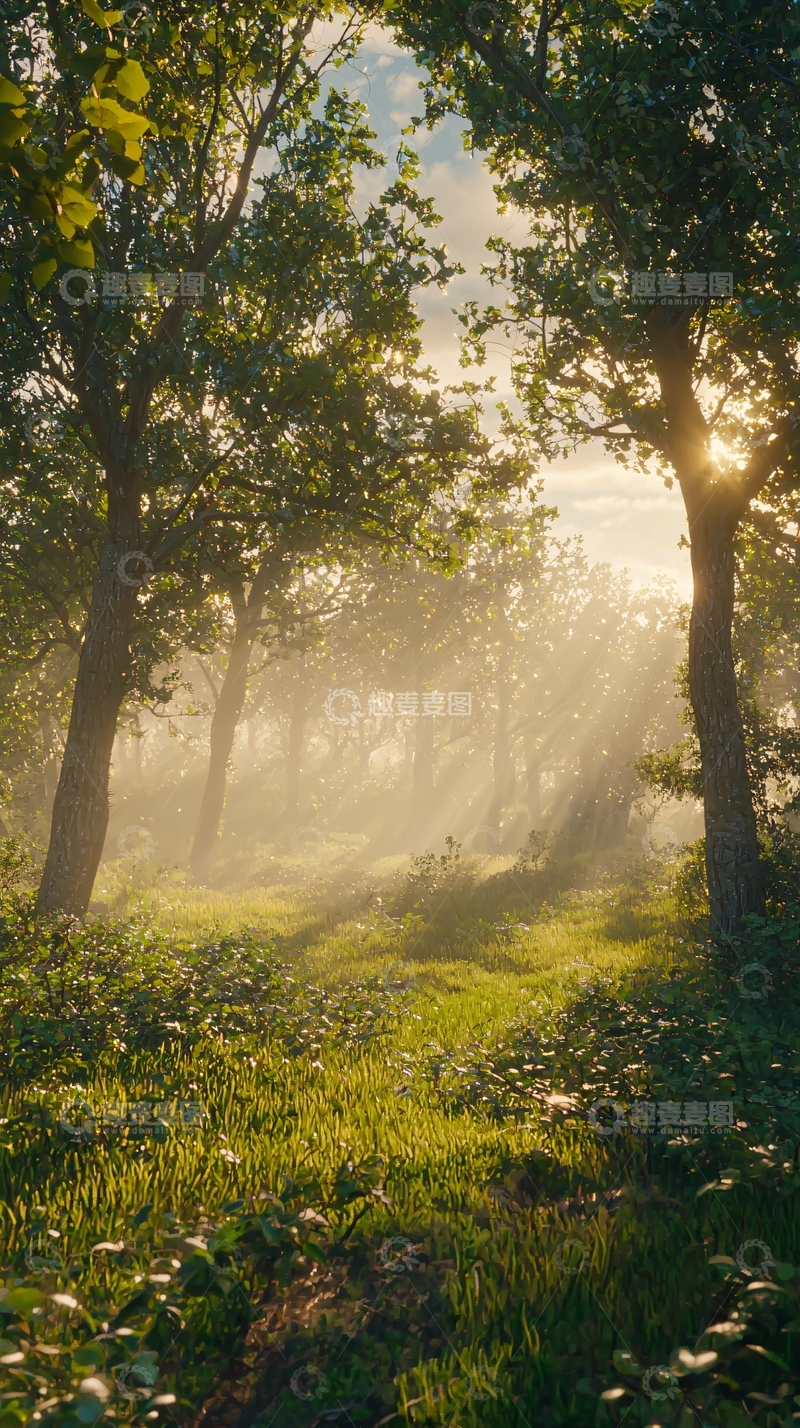 高清大图下载【趣麦麦图】阳光透过树林雾气
