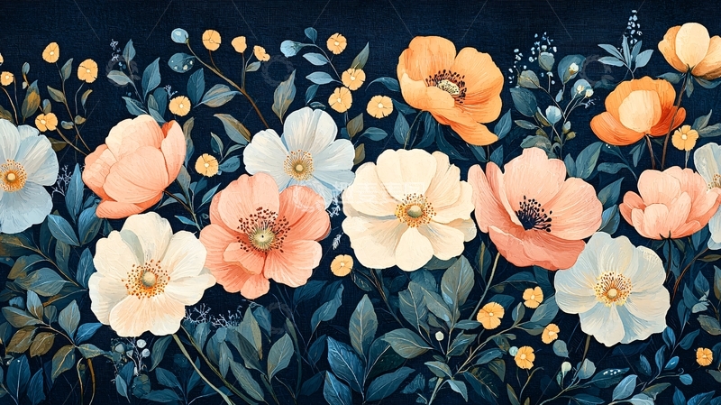 高清大图下载【趣麦麦图】暗色背景下的水彩花卉