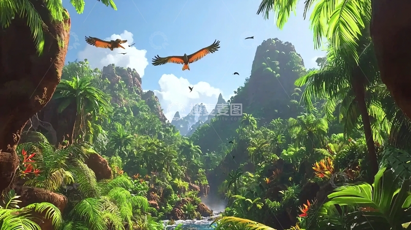 高清大图下载【趣麦麦图】热带雨林峡谷飞鹰