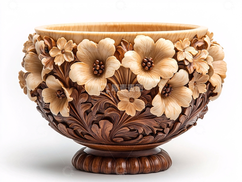 高清大图下载【趣麦麦图】木雕花卉装饰容器