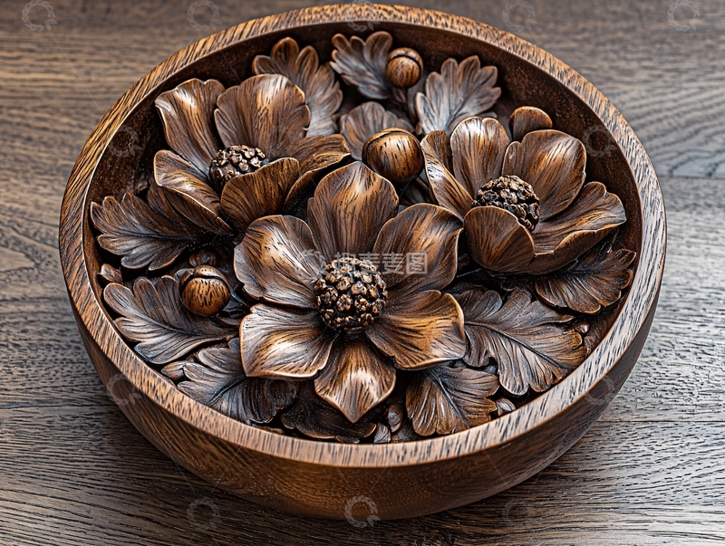 高清大图下载【趣麦麦图】木雕花卉装饰碗