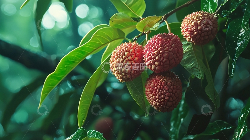 高清大图下载【趣麦麦图】树枝上新鲜的荔枝