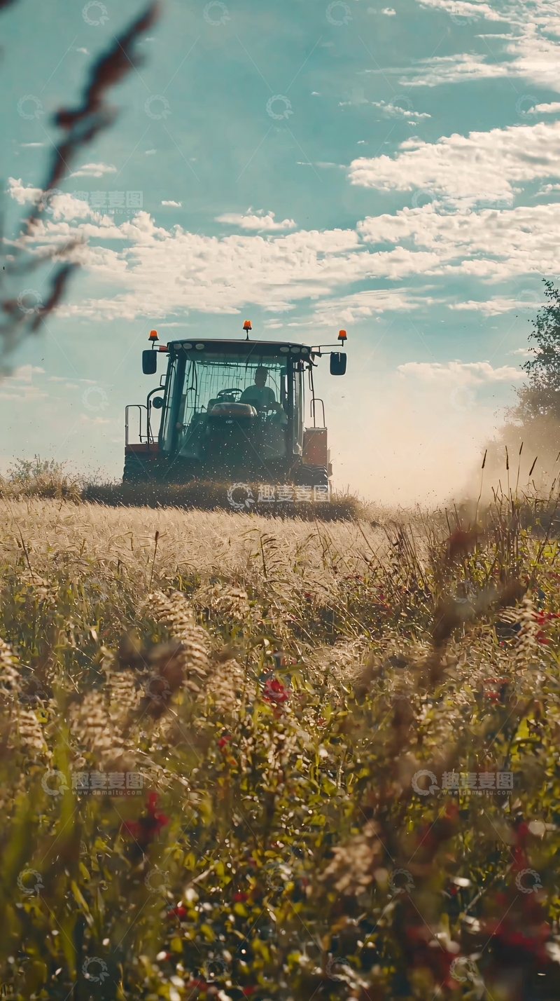 高清大图下载【趣麦麦图】金色麦田里的拖拉机