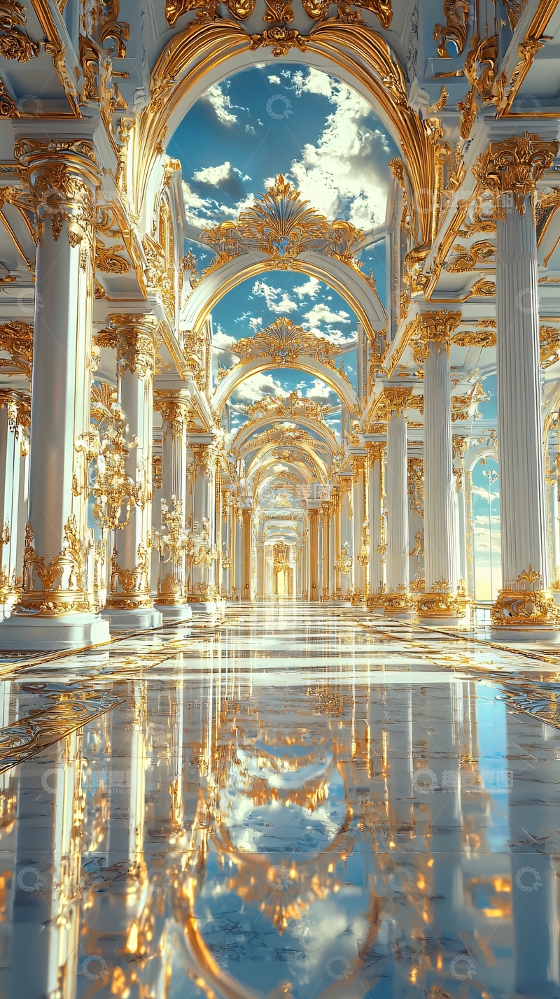 高清大图下载【趣麦麦图】金色宫殿长廊反射