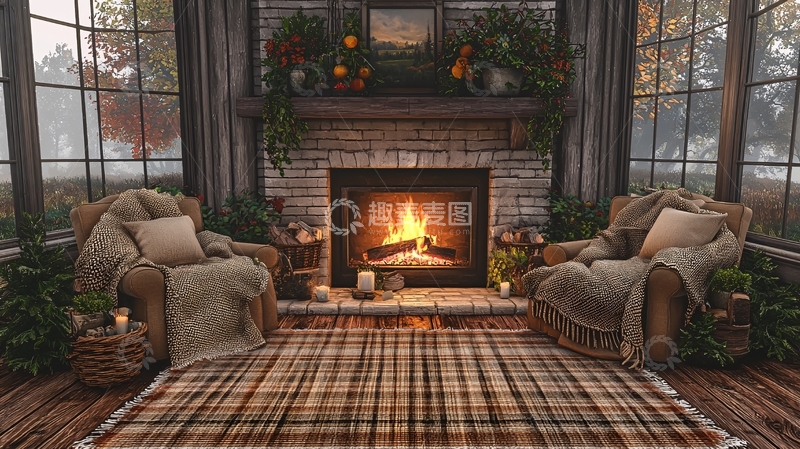 高清大图下载【趣麦麦图】温暖壁炉旁的舒适空间