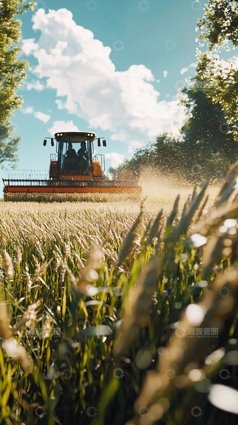 高清大图下载【趣麦麦图】收割机在麦田里作业