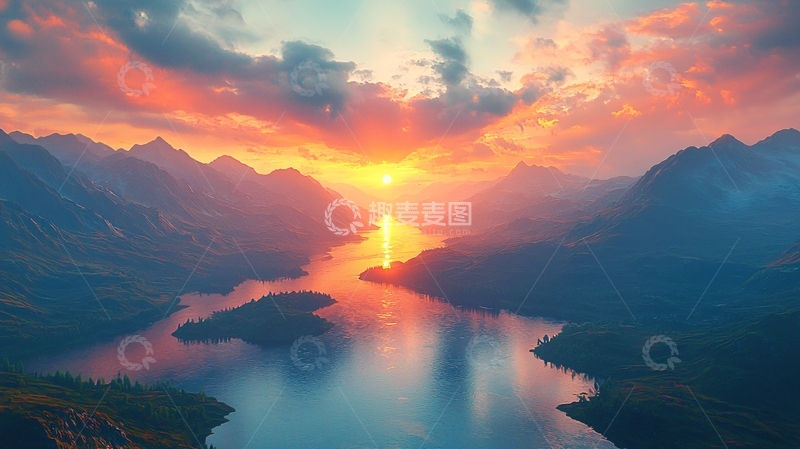 高清大图下载【趣麦麦图】山脉湖泊日落景色