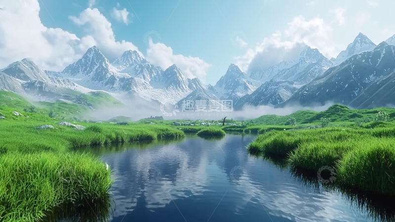 高清大图下载【趣麦麦图】雪山环绕的宁静湖泊