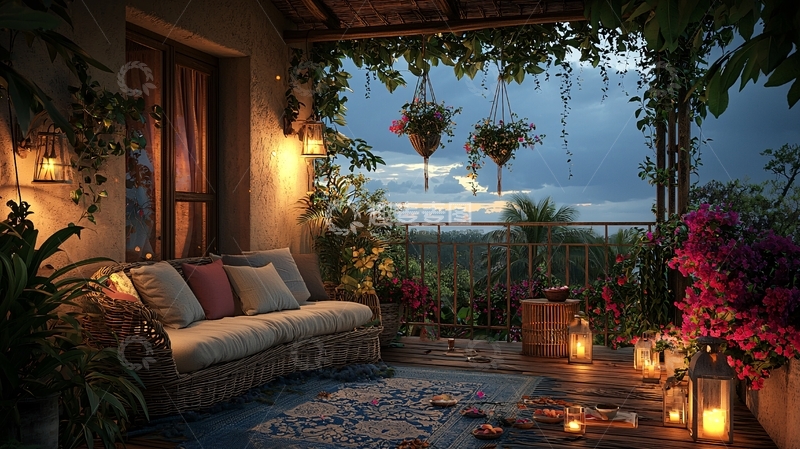 高清大图下载【趣麦麦图】温馨浪漫的阳台夜景