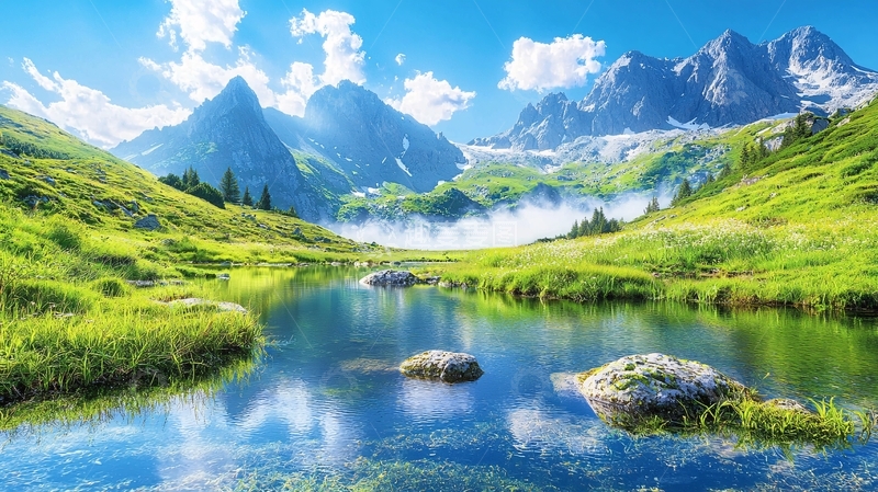 高清大图下载【趣麦麦图】高山流水绿草如茵