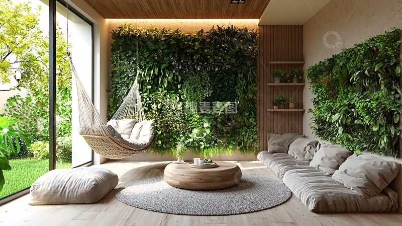 高清大图下载【趣麦麦图】室内绿植墙吊椅沙发