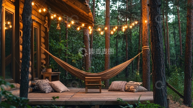 高清大图下载【趣麦麦图】林中小屋里的温馨吊床