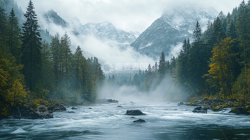 高清大图下载【趣麦麦图】雾气缭绕的河流山谷