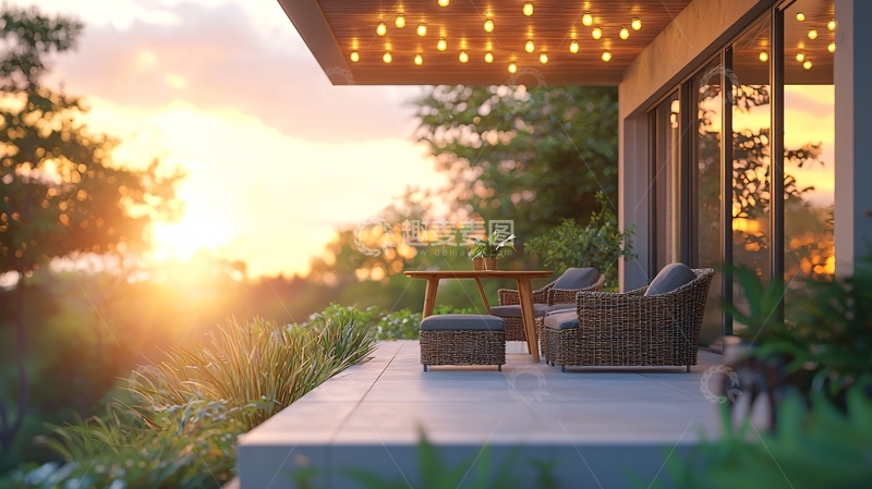 高清大图下载【趣麦麦图】黄昏日落别墅户外阳台