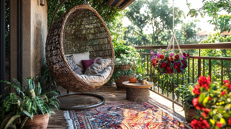 高清大图下载【趣麦麦图】阳台藤椅鲜花绿植休闲