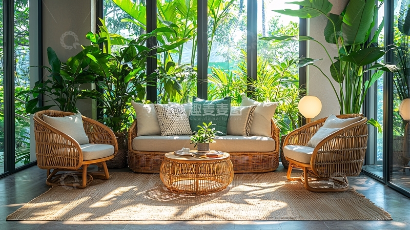 高清大图下载【趣麦麦图】藤编家具绿色植物环绕
