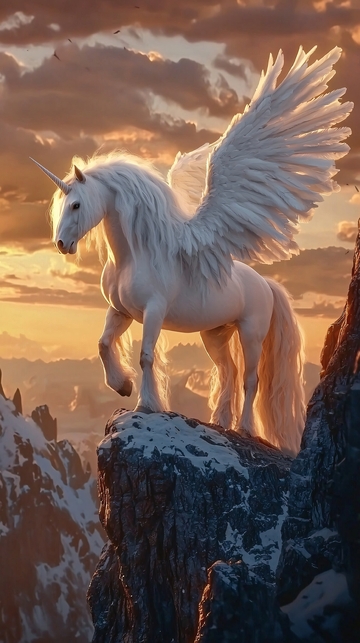 日落山峰上的独角兽