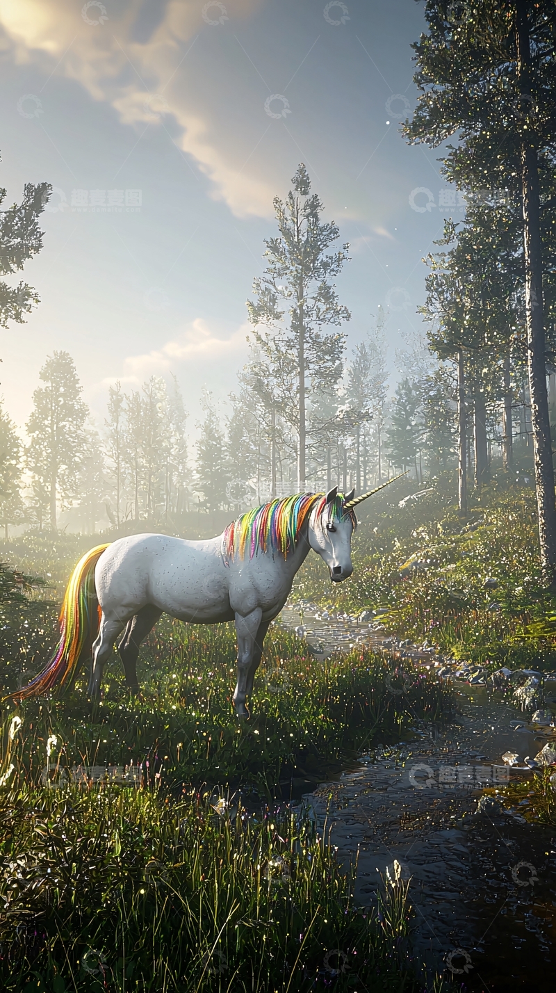 高清大图下载【趣麦麦图】彩虹独角兽森林仙境