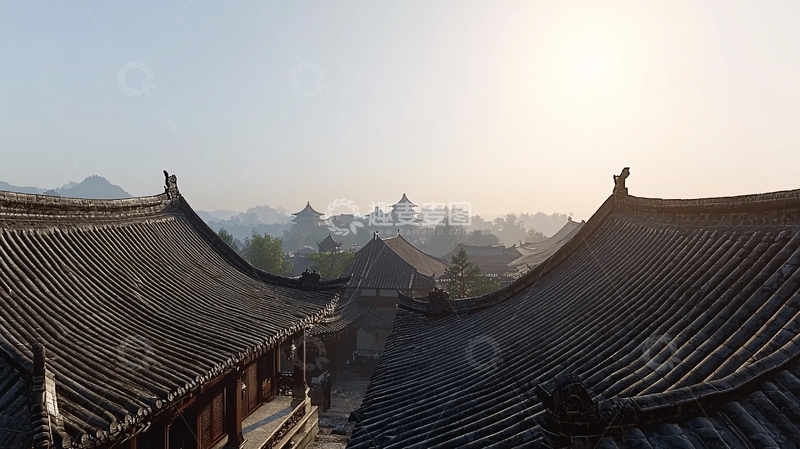 高清大图下载【趣麦麦图】清晨古镇屋顶远景