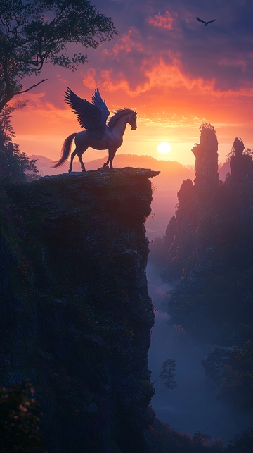 日落剪影飞马峭壁