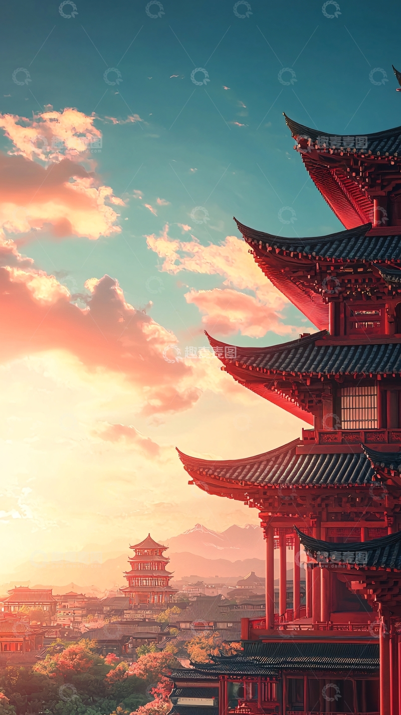 高清大图下载【趣麦麦图】日出东方古建筑